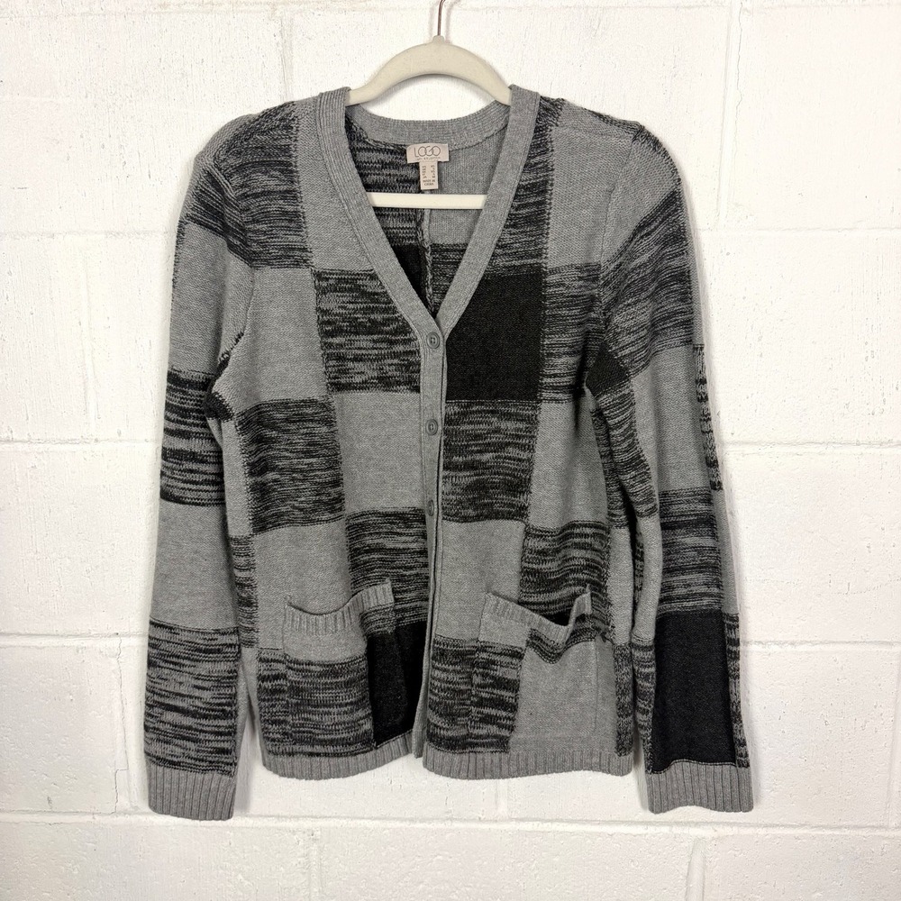Logo By Lori Goldstein Patchwork V-Neck Cardigan SZ XS Gray Soft Cozy Cabin Warm
